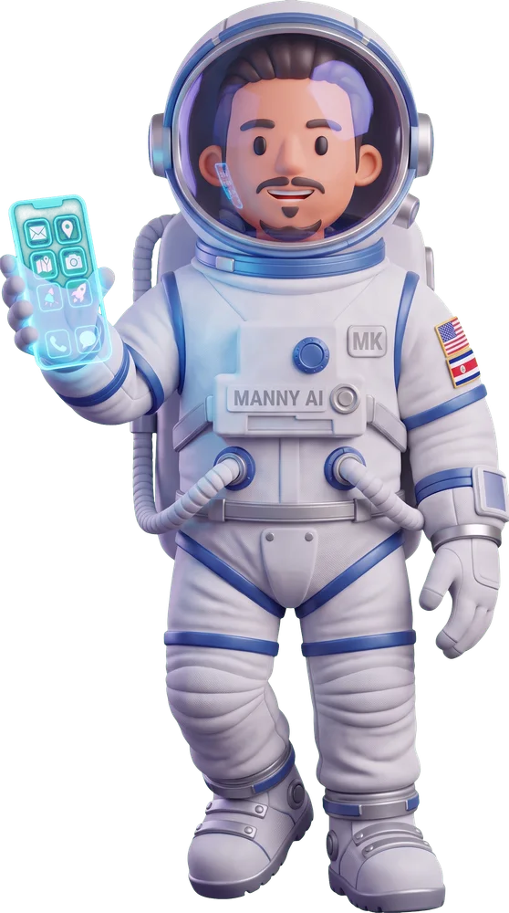 Manny AI peeking at the pricing tiers with a holographic phone