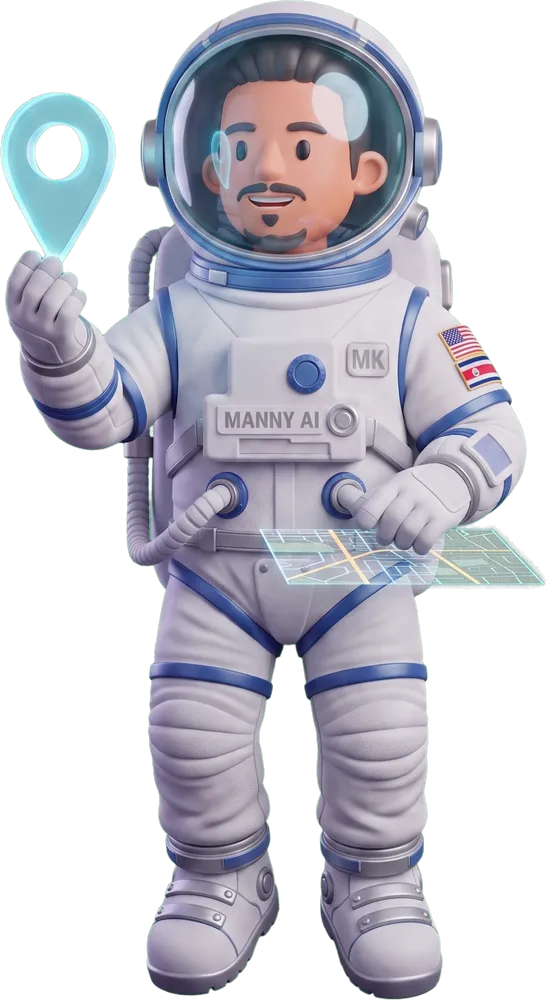 Manny AI floating in zero gravity, holding up a holographic map pin over a street map