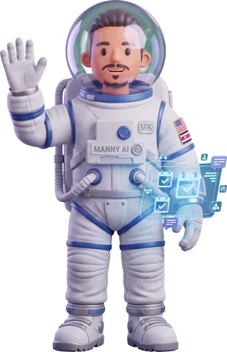 Manny AI waving, with a holographic panel of confirmed bookings at its other hand