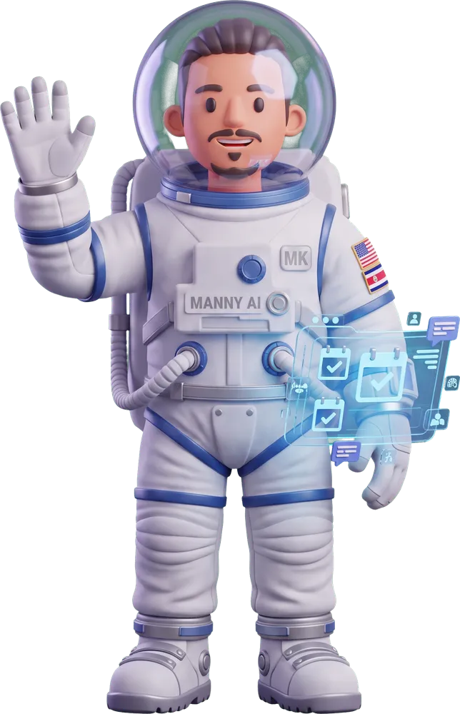 Manny AI waving, with a holographic panel of confirmed bookings at its other hand
