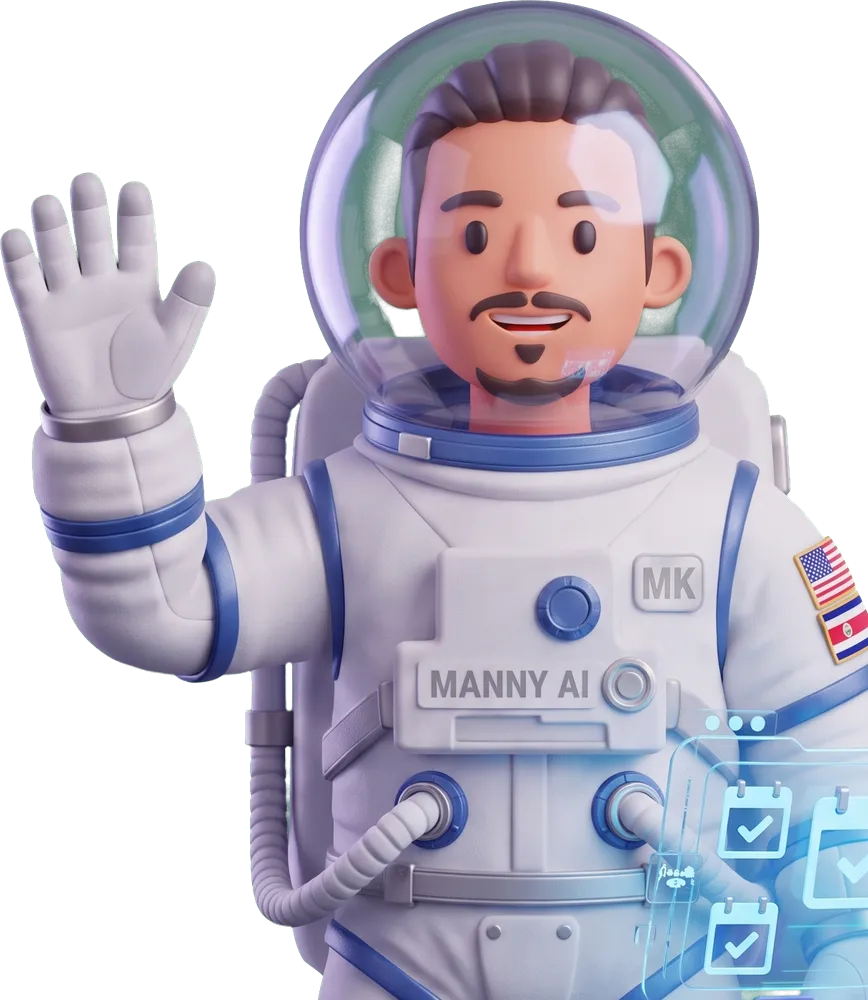 Manny AI waving, with a holographic panel of confirmed bookings and chat bubbles at its other hand