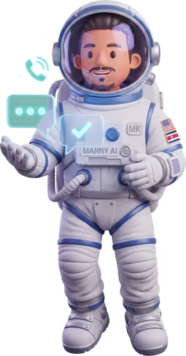 Manny AI floating beside the title with two holographic chat bubbles and a ringing phone icon