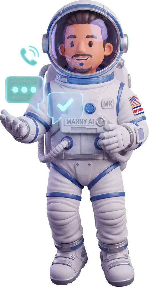 Manny AI floating in from the edge with two holographic chat bubbles and a ringing phone icon