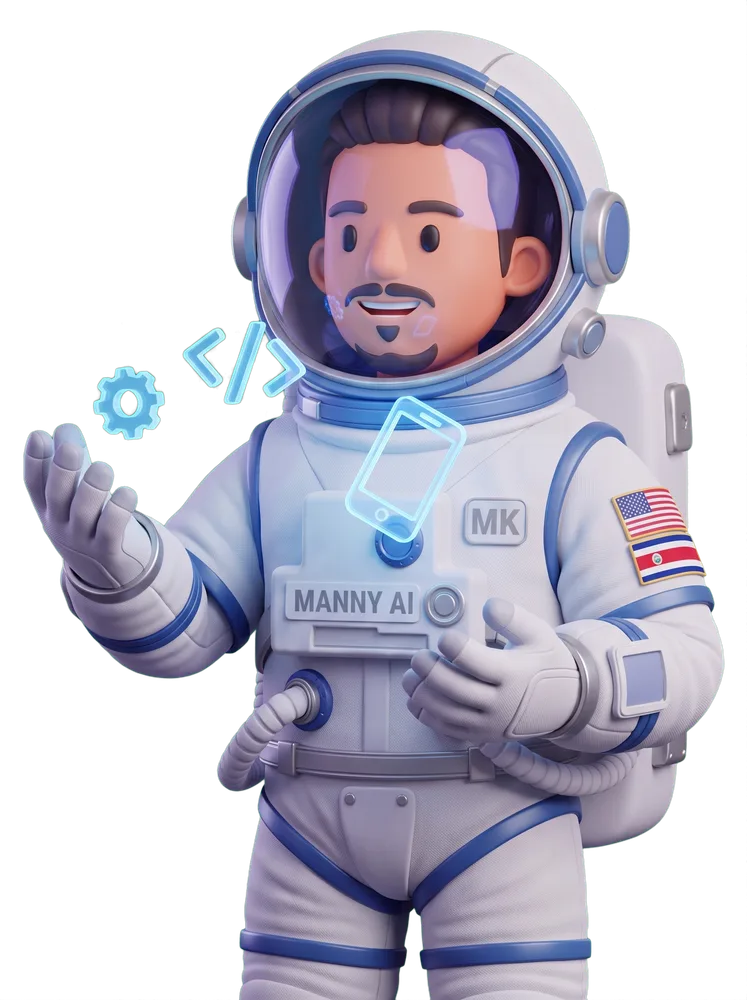 Manny AI juggling a holographic gear, code brackets, and a phone