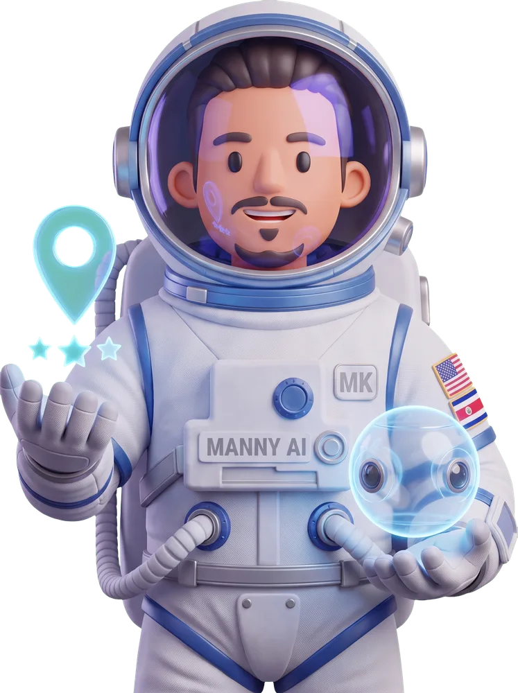 Manny AI holding a holographic map pin and a 360-degree camera