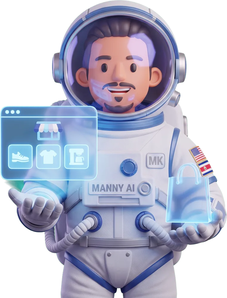 Manny AI presenting a holographic storefront and shopping bag