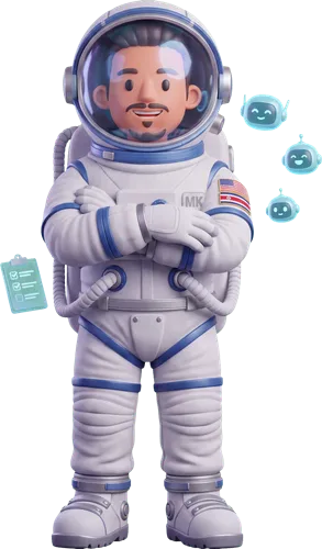 Manny AI standing with arms crossed, three holographic AI-agent avatars beside it