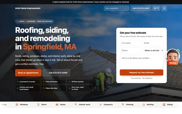 Demo website for Arlet Home Improvement, a roofing and remodeling business in Springfield, MA, with a free estimate form and Manny AI on the right edge of the page.