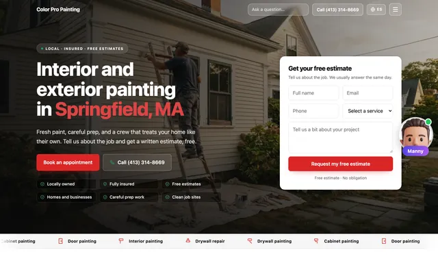 Demo website for Color Pro Painting, a painting contractor in Springfield, MA, with a free estimate form and Manny AI on the right edge of the page.