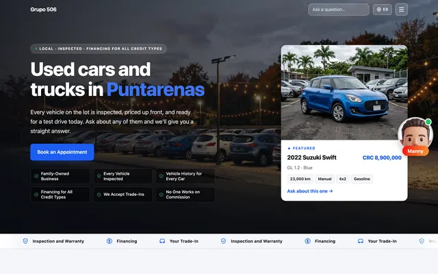 Demo website for Grupo 506, a used car dealer in Puntarenas, with a featured vehicle card and Manny AI on the right edge of the page.