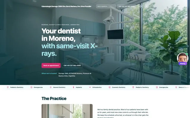Demo website for Odontología Dorrego 2864, a dental practice in Moreno, Buenos Aires, with the treatment room behind the headline and Manny AI on the right edge of the page.