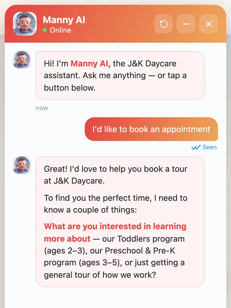 Manny AI booking on the JK Daycare website in Springfield, MA. Asked for an appointment, it asks whether the parent wants a tour or a program.