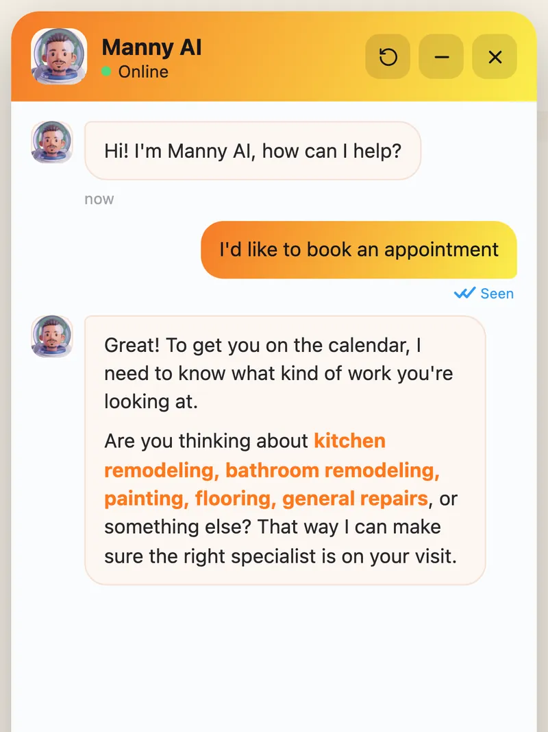 Manny AI, the AI booking agent, open on the VL Home Improvement Services website in Springfield, MA. Asked to book an appointment, it asks what kind of work is needed.
